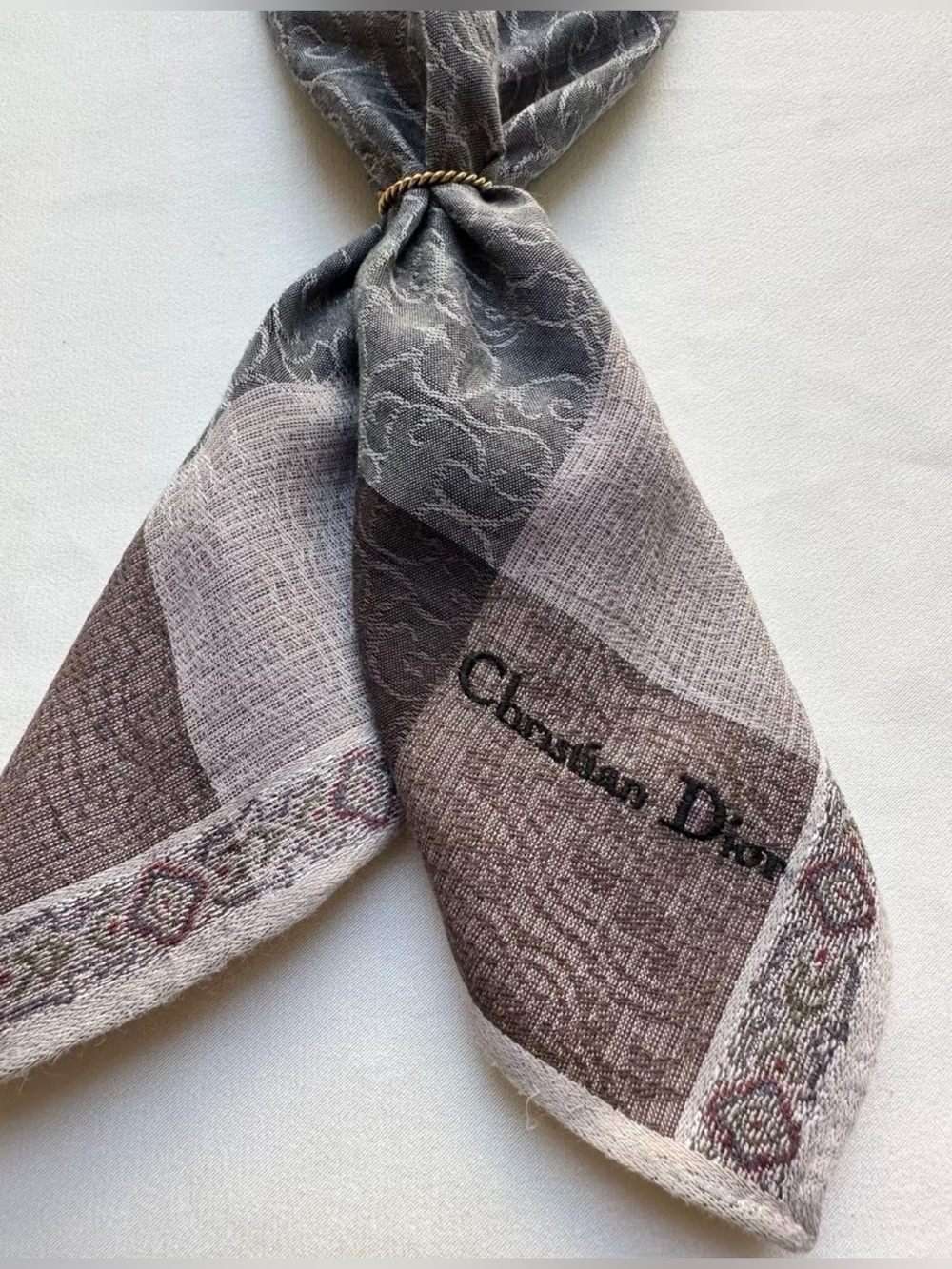 Christian Dior Brown and Gray Pattern Block Signature Scarf